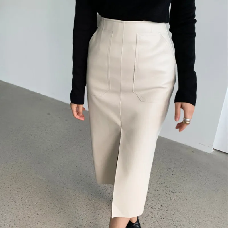 

Женская облегающая юбка средней длины, юбка из искусственной кожи с разрезом и карманами, модель 1470 в Корейском стиле на весну и лето