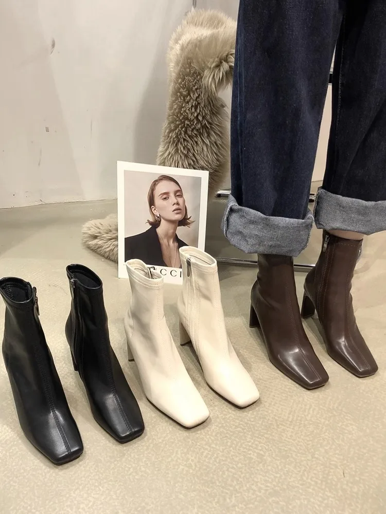 

Women Boots High Heels Female Shoes Winter Footwear Zipper Boots-Women Stiletto Leather Ankle Med Ladies 2023 Rubber Autumn Micr