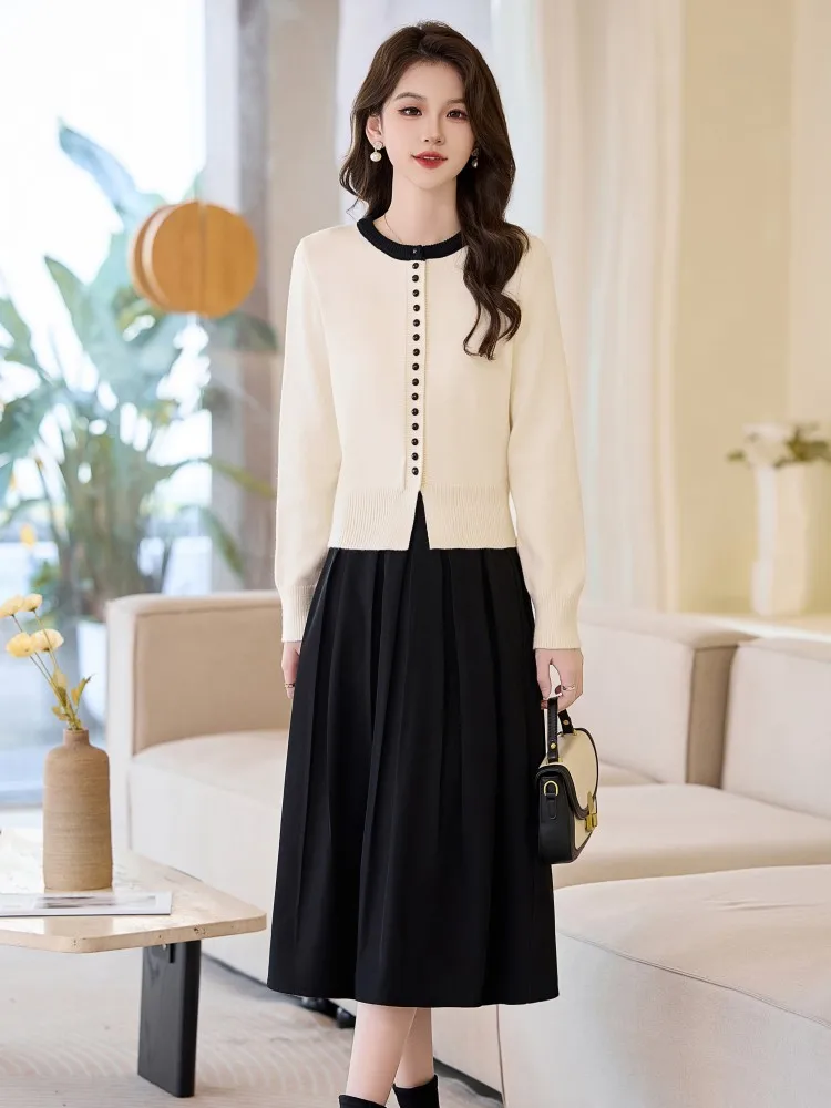 Knit two piece Dress Women 2024 Autumn and Winter Western Sle Slimming Belly Covering with Coat Sweater Base Skirts |
