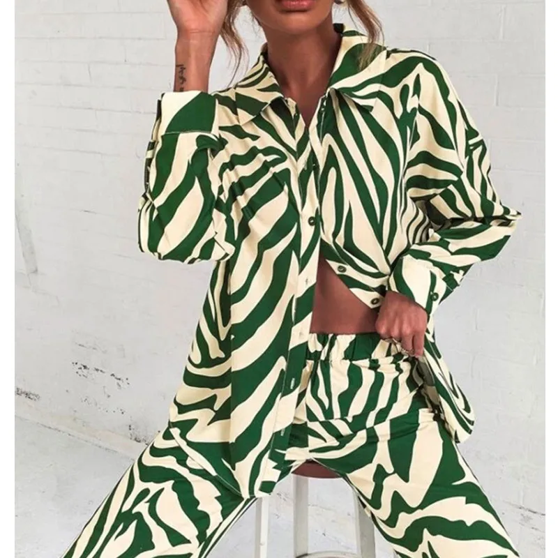 

Loose Stripe Women Shirt Pants Two Piece Set Elegant Long Sleeve Top And Elastic High Waist Trousers Suit Spring Trouser Suits
