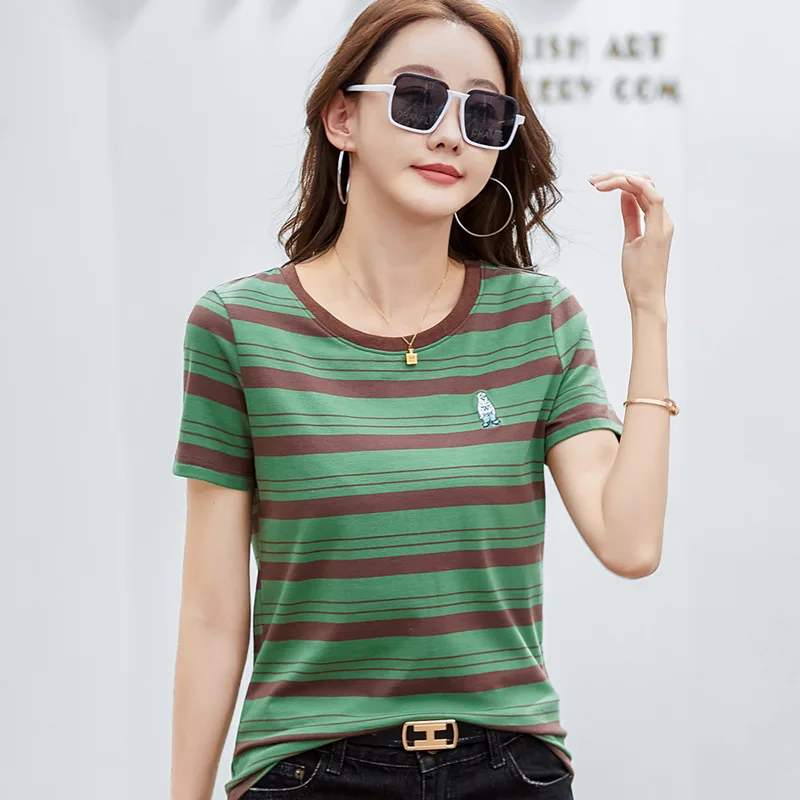 

Cotton Tee Shirt Women 2023 Korean Style Casual Stripe Tshirt Short Sleeve Summer Tops Contrast Color Embroidery Bear T-Shirts