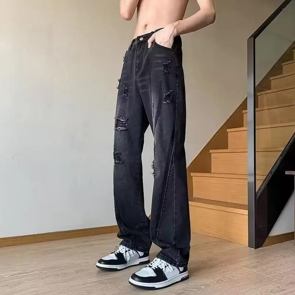 Джинсы мужские прямые из джинсовой ткани потертые джинсы с широкими штанинами на