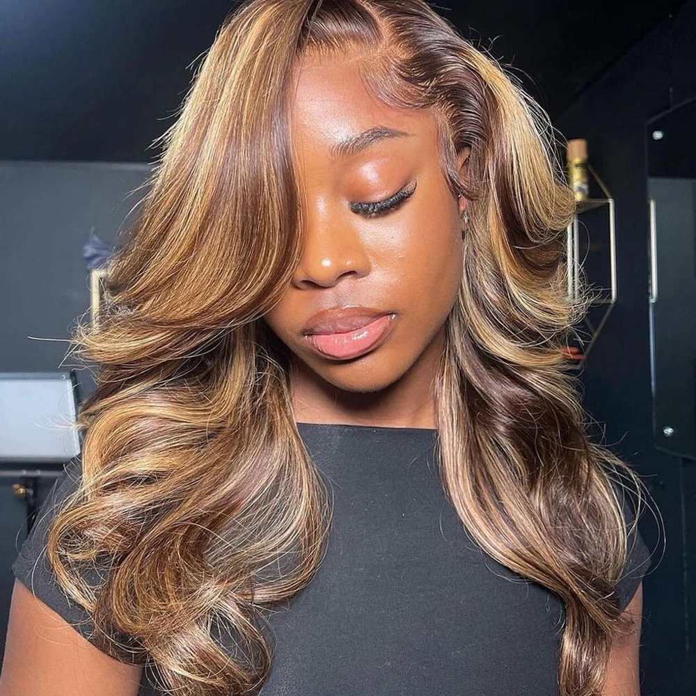 

360 Body Wave Full Lace Frontal Wig HD Highlight Wig Human Hair Brown Lace Front Human Hair Wigs For Women Honey Blonde Glueless