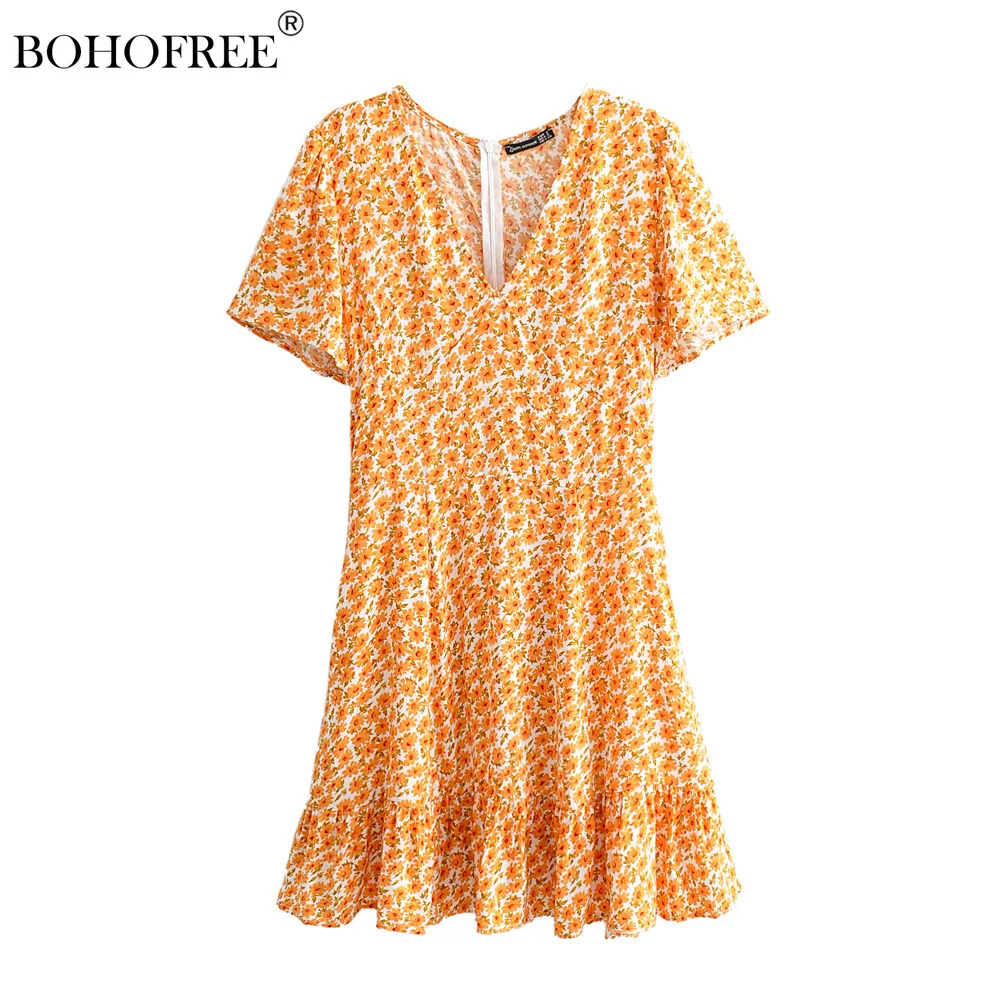

Boho Style Floral Print Summer Short Dress V-neck Short Sleeve Rayon Cotton Beach Vestidos Mujer Casual Bohemian Dresses