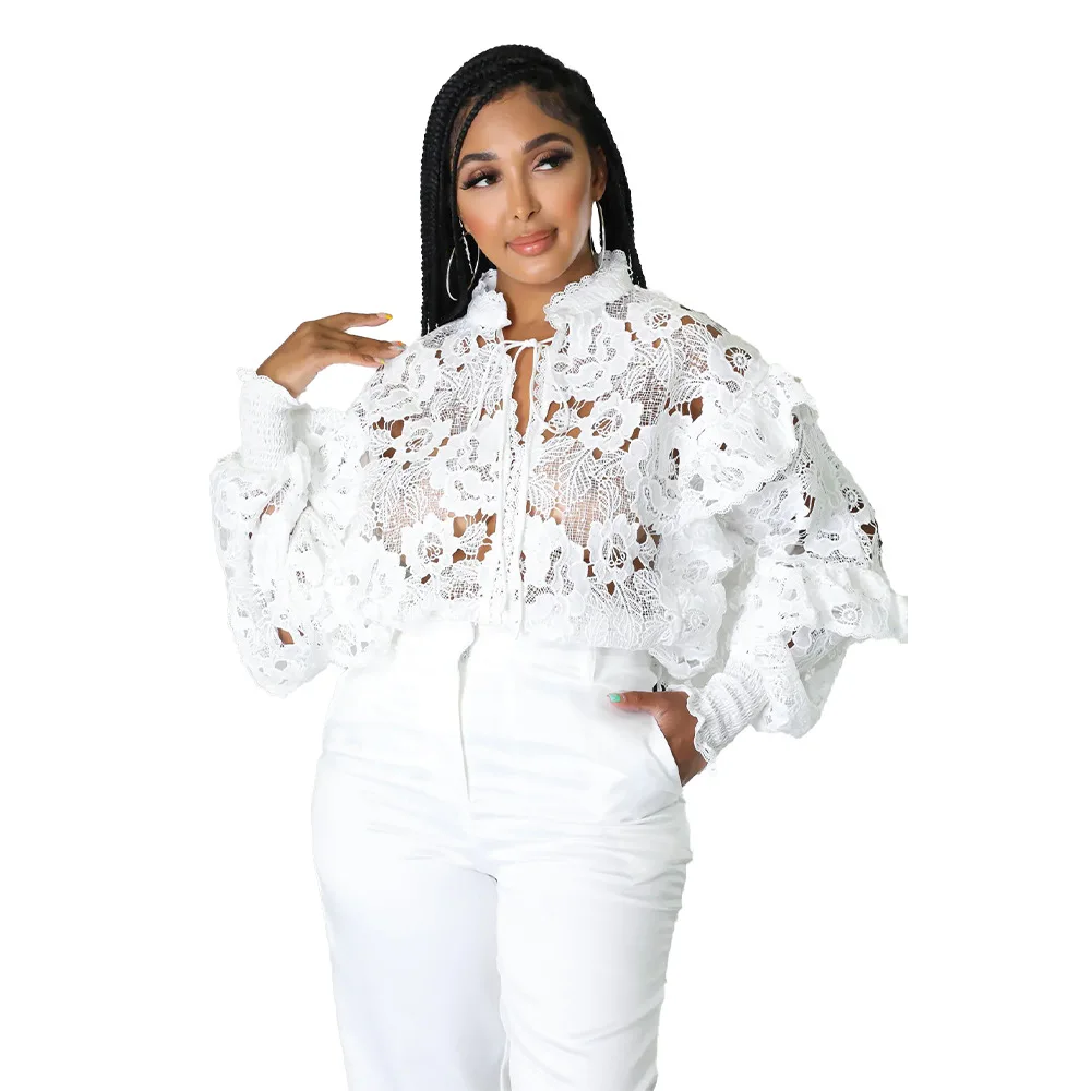 

Sexy Coat For Lady See Through Lace Patchwork Girls Jacket Long Lantern Sleeve Tops Female Cardigan Women Outwear Coats