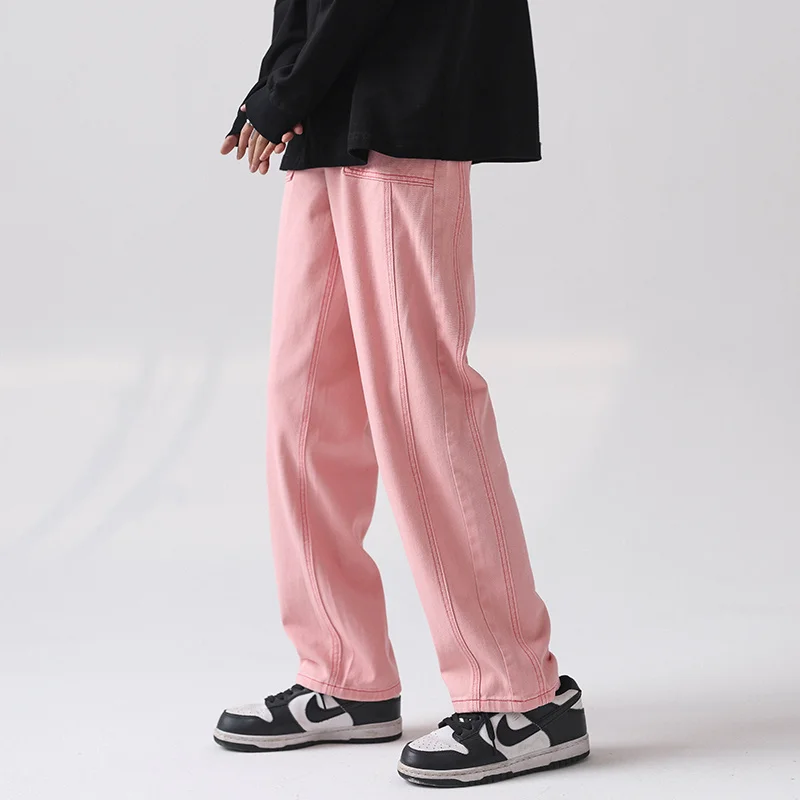 Pink Jeans Men Fashion Cotton Casual Baggy Straight Jeans Men Streetwear Loose Hip Hop Denim Pants Mens Trousers M-2XL