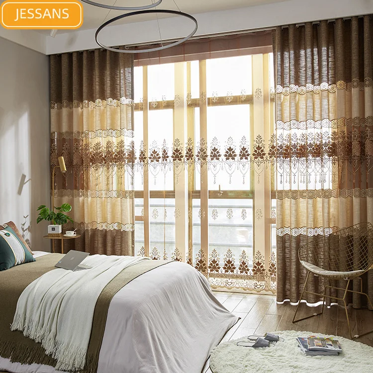 

European Style New Linen Stitching Hollow Embroidery Curtains for Living Room Bedroom Study Customized Finished Products