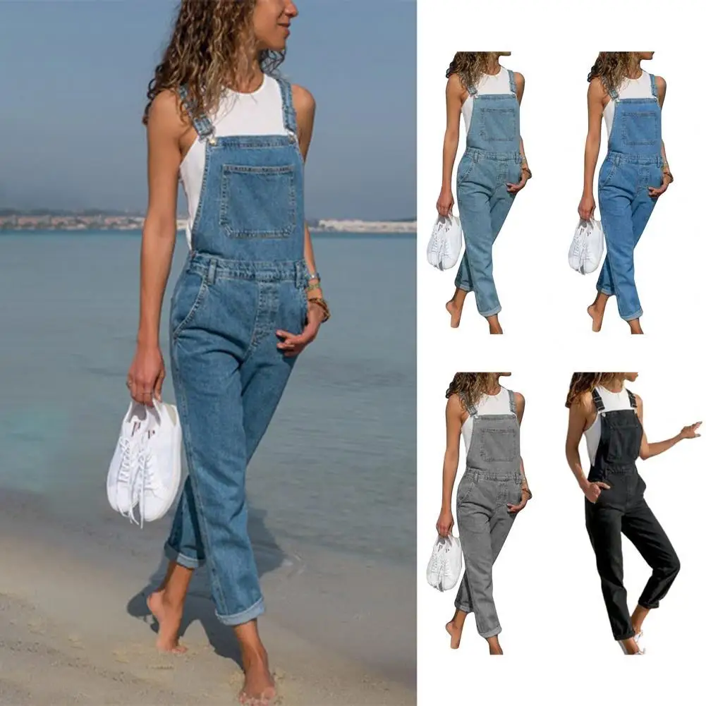 

Women Jumpsuit Pure Color Soft Plus Size Distressed Design Suspender Jumpsuit for Daily Life