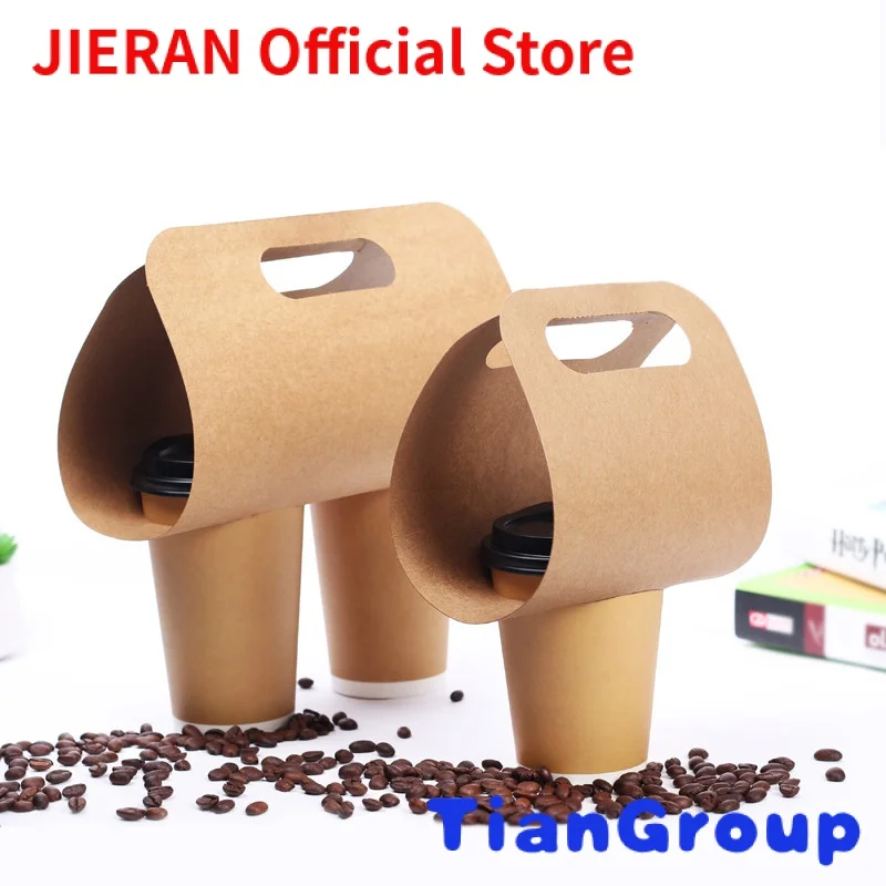 

Disposable Kraft Paper Cup Base Handle Holder Eco Friendly Coffee Milk Tea Cup Tray Takeaway Drink Packaging