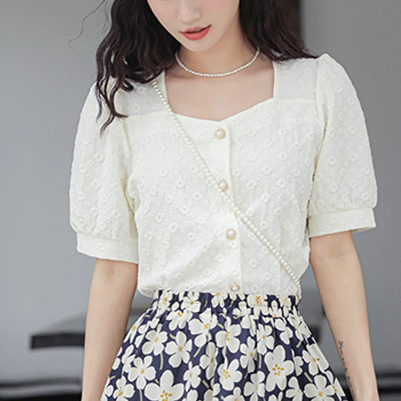 

Summer Women's Short Sleeve Square Neck French Bubble Sleeve Solid Jacquard Splice Shirt Blouse Women Camisas De Mujer A73