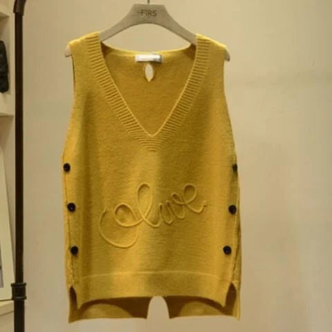 

Yellow Button Loose coat New Simple Cloth Fashion Korean lady Girls Waistcoat Autumn Sleeveless Sweater Vest Women Knitted Top