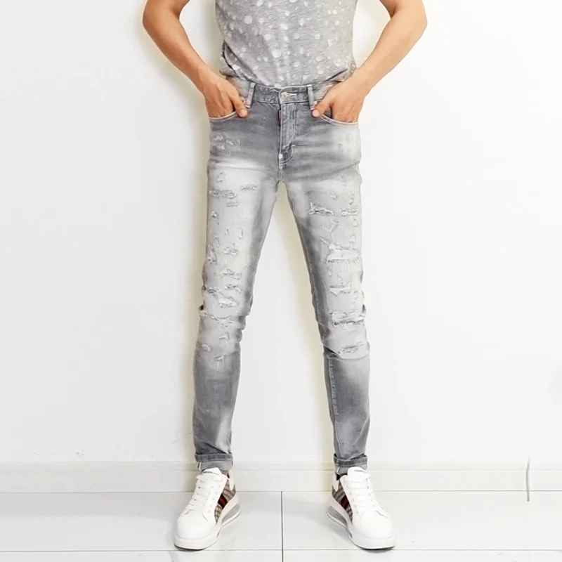 Streetwear Fashion Men Jeans Retro Light Gray Stretch Slim Fit Destroyed Ripped Jeans Men Vintage Designer Brand Pants Hombre