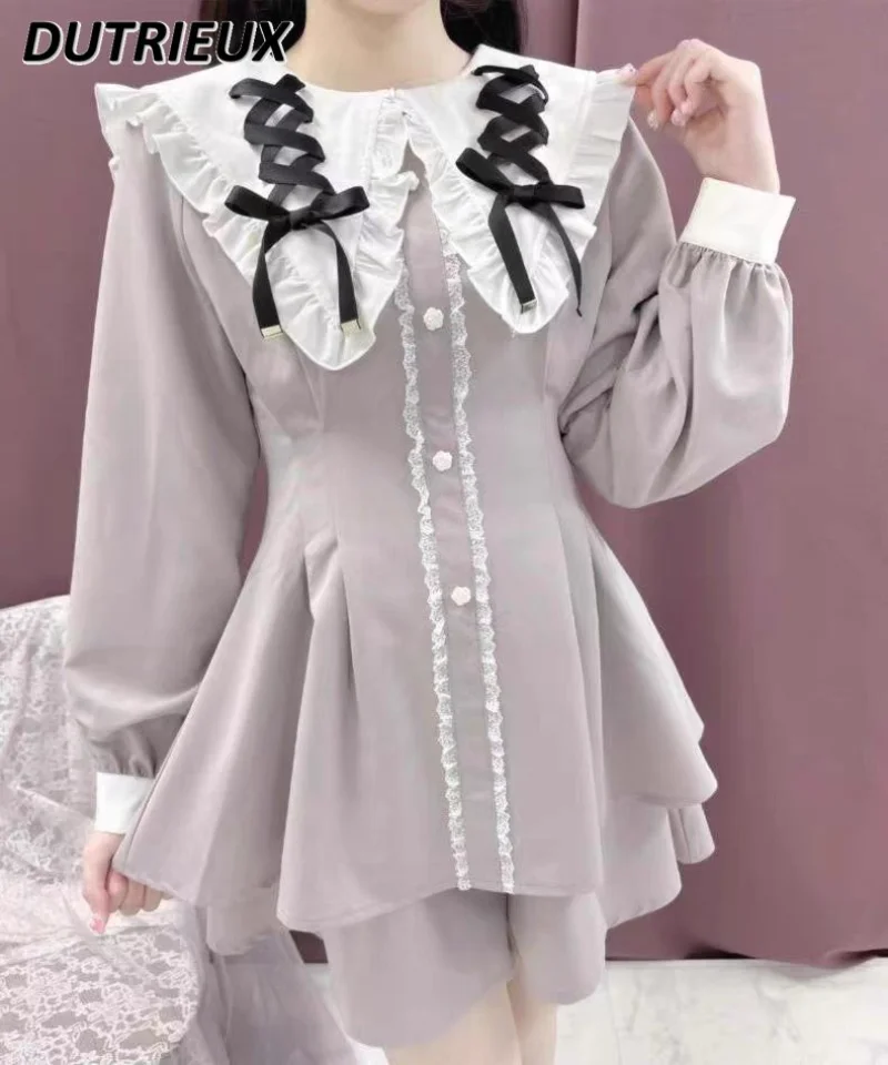 

Rojita Suit Lolita Mine Mass Production Culottes Suit 2023 Spring New Sweet Girl Tops Long Sleeve Shirt and Short Skirt