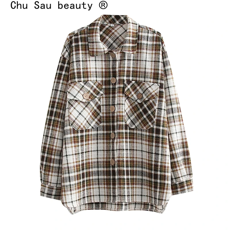 

New Fashion Autumn Casual Chic Plaid Printed Tweed Loose Shirts Women Fall Long Sleeve Outwear Shirt Female Street Style Coat