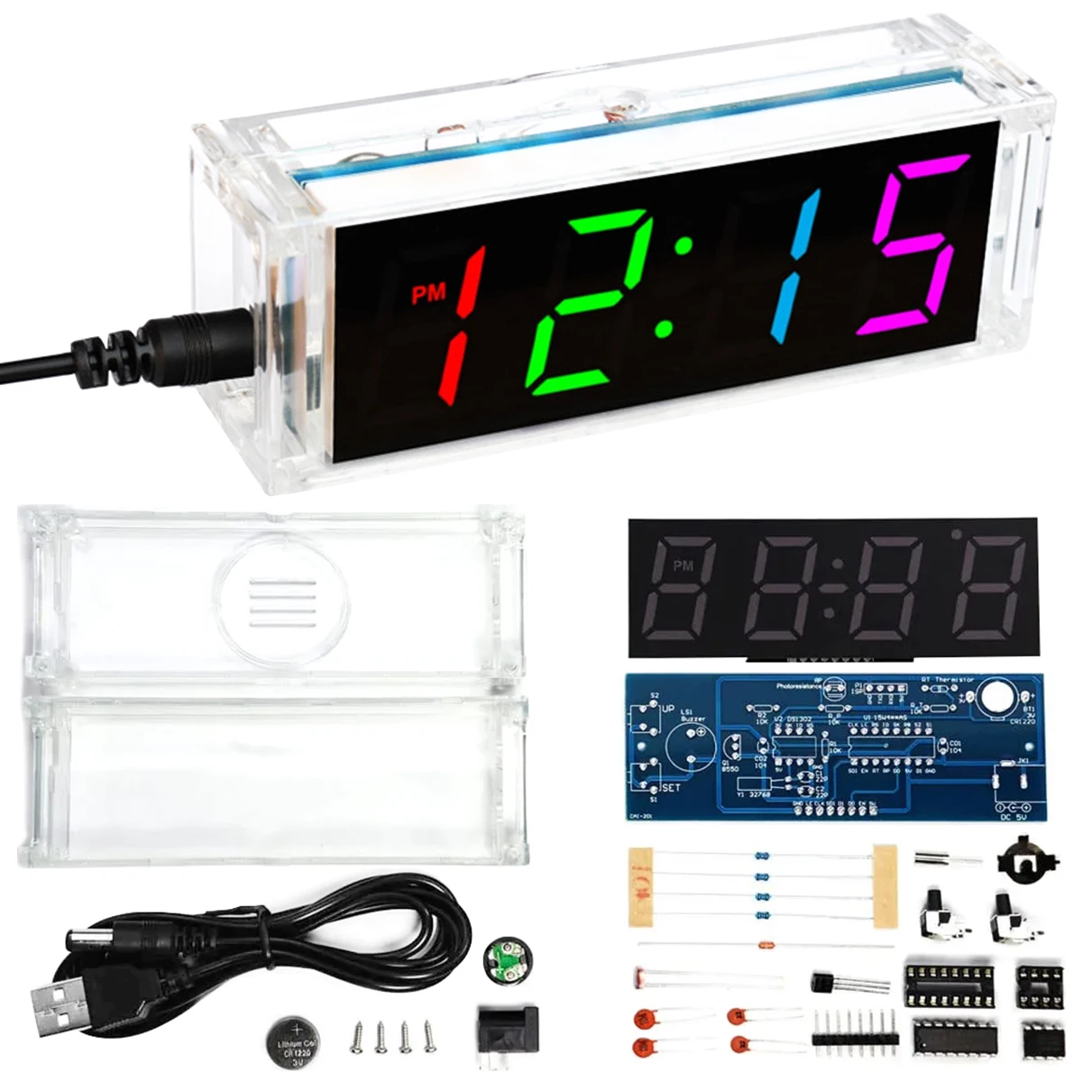 

DIY Electronic Clock Kit LED Digital Electronic Alarm Clock Kit 4 Digital Tube Multicolor Time Date Temperature Display with