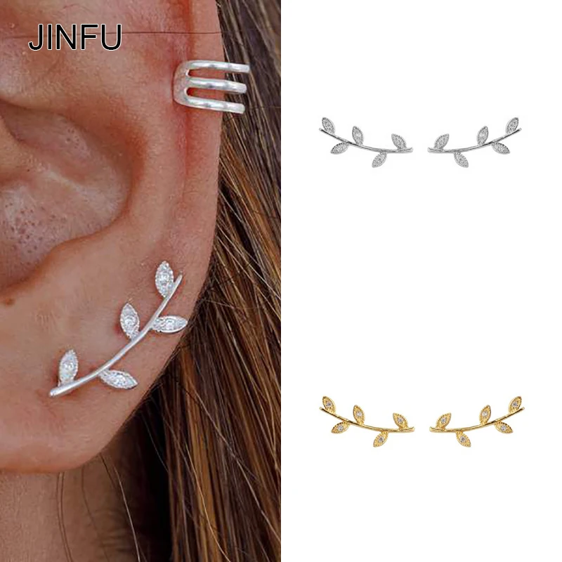 

JINFU Cubic Zirconia Climber Earrings Gold Silver Plated Crawler Leaf Shape Simple Ear Jacket Earrings For Women Wedding Jewelry