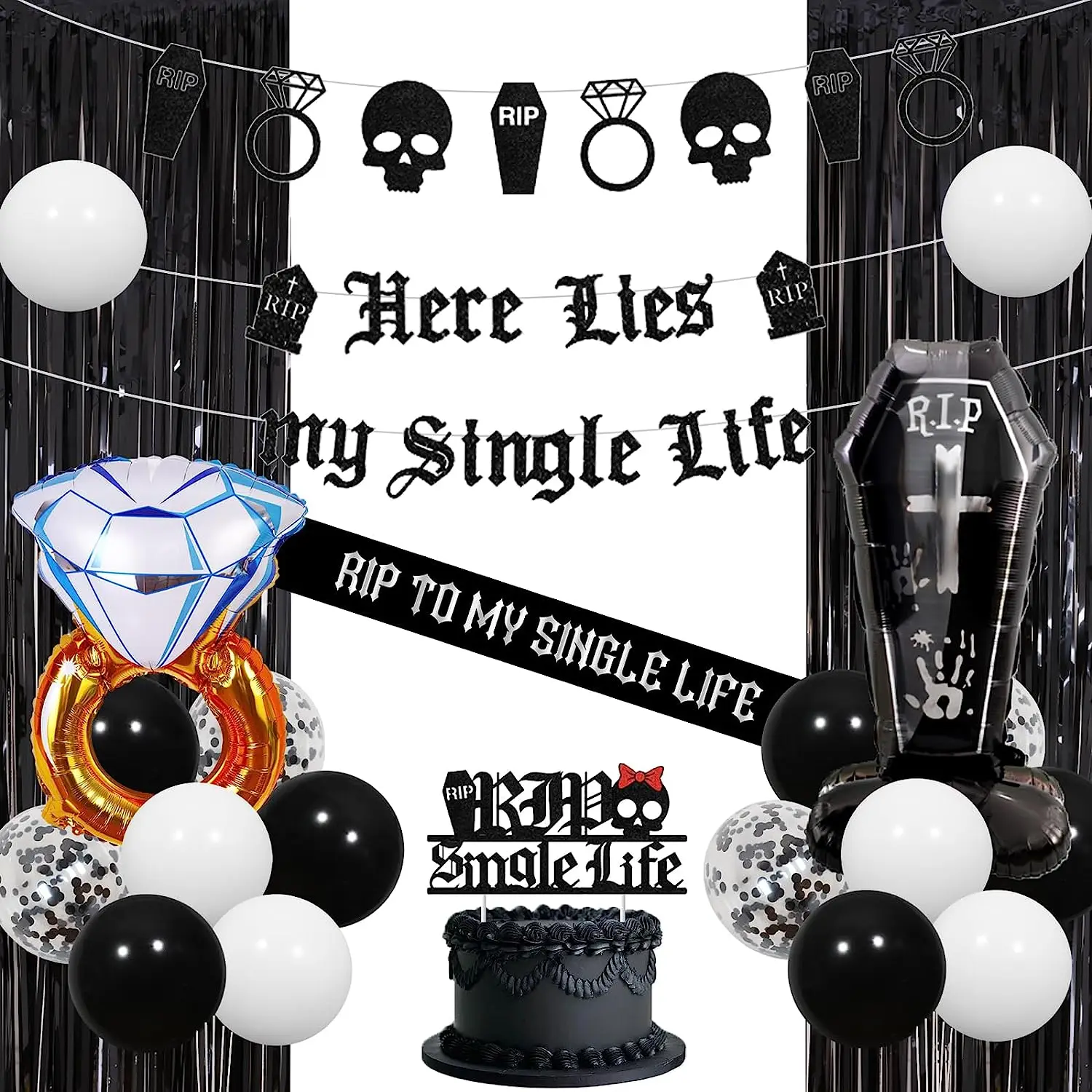 

JOYMEMO Gothic Bachelorette Party Decorations with Black Rip To My Single Life Cake Topper Sash Here Lies My Single Life Banner