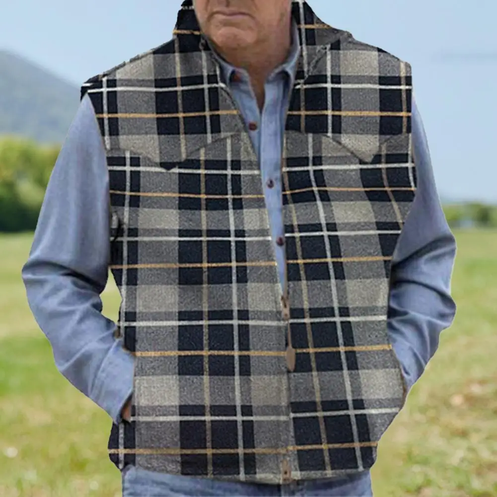 

Men Vest Plaid Stand Collar Zipper Spring Autumn Checkered Pockets Waistcoat for Daily Wear