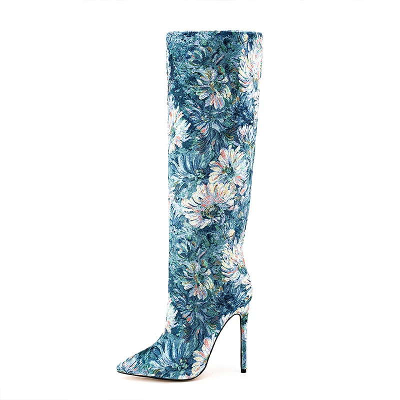 

(YYDD) Autumn Winter Fashion Blue Flower Design Super High Heels Sexy Women's Boots Cool Girls Party Nightclub Plus Size35-45