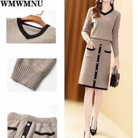 autumn elegant fashion slim kniting 2suit feminie skirt button pocket set suitthicken warm knitted pullover sweater