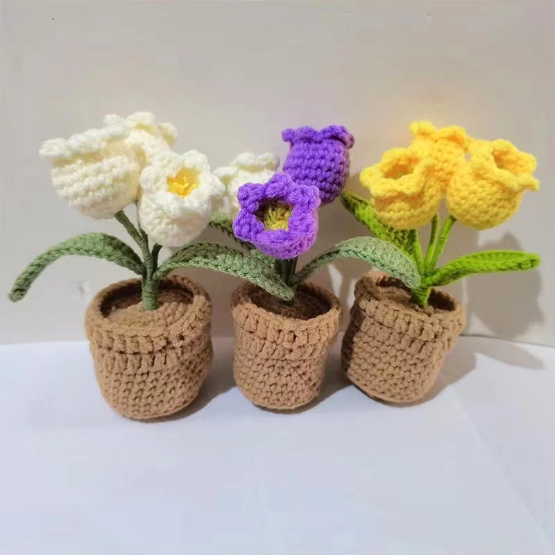 

Handmade Finished Knitted Lily Valley Flowers Potted Artificial Crochet Plants Bonsai Gift For Home Office Desk Room Decor