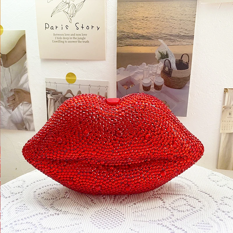 

Luxury Red Sexy Full Diamond Hot Lips Shape Crystal Evening Bags Clutches Wedding Evening Purse