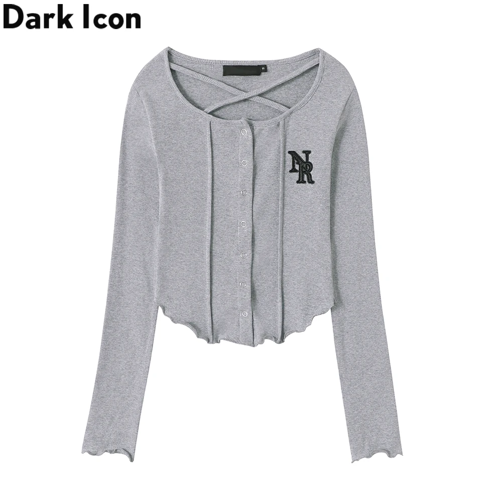 

Укороченная футболка с вышитыми надписями Dark Icon, осенняя короткая дизайнерская футболка с длинным рукавом для девочек