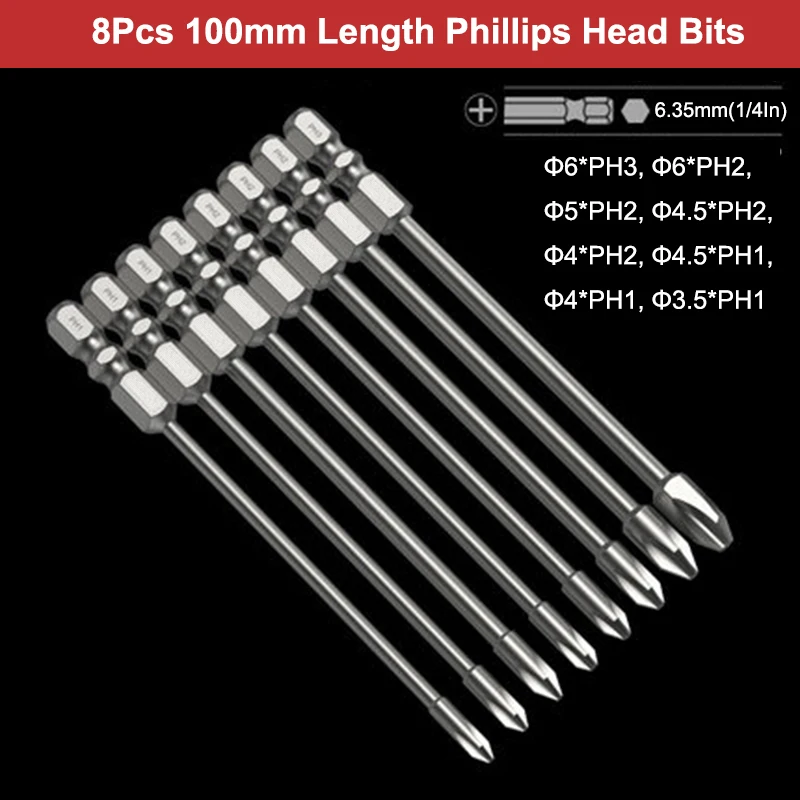 

8Pcs Impact Tough Phillips Head Screwdriver Bits S2 Steel 75/100mm Torque Electric Screwdriver Bit Magnetic Cross Head Drill Bit