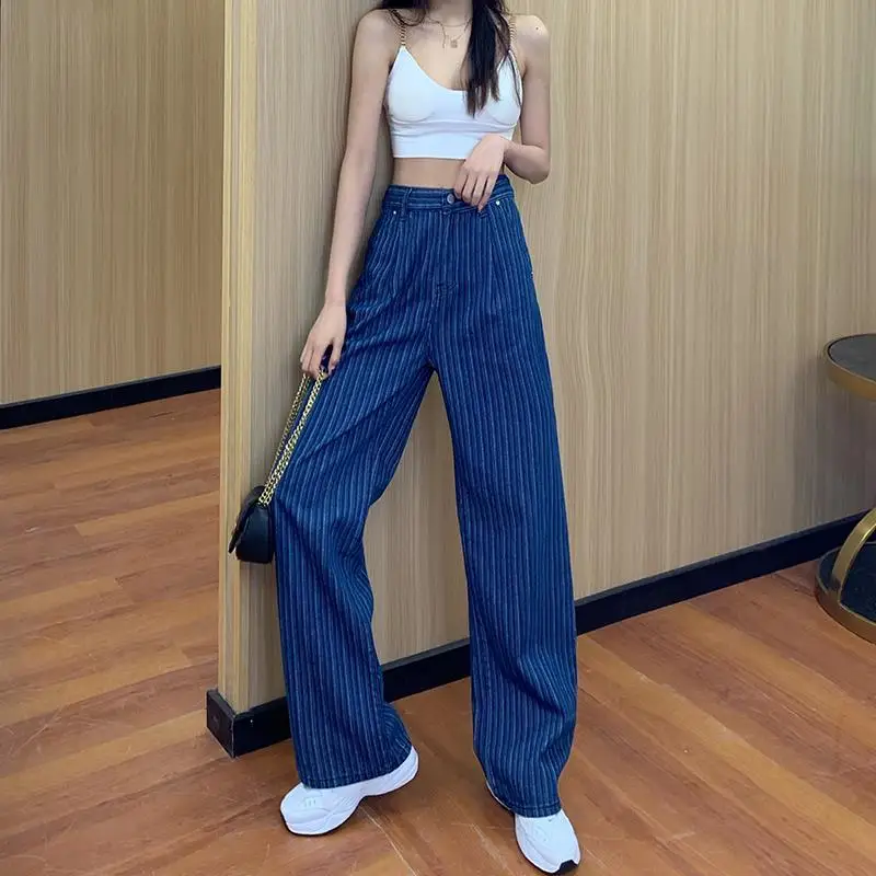 Spring Summer Casual Striped Wide Leg Denim Pants Women's Clothing Fashion Korean High Waist Loose All-match Trousers for Female
