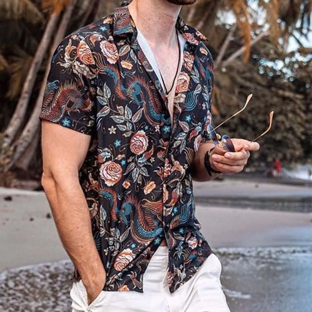 

Fashion Men Beach Shirt Casual Short Sleeve Floral Printing Patchwork Oversize Single-breasted Lapel Leisure Summer Men Shirt
