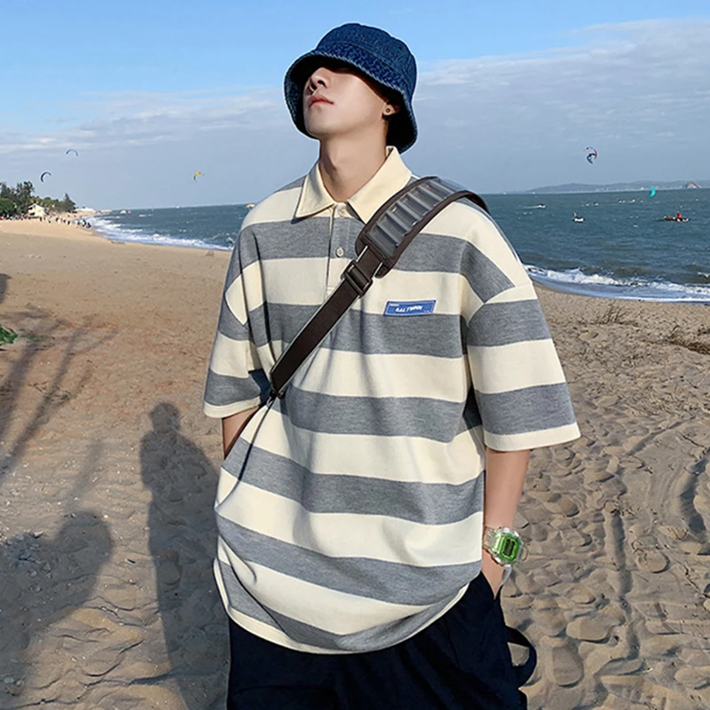 

2022 Korea Fashion Lapel Striped T-Shirt Men's Summer Trend Loose High Quality Cotton Tops American Retro All-match Streetwear
