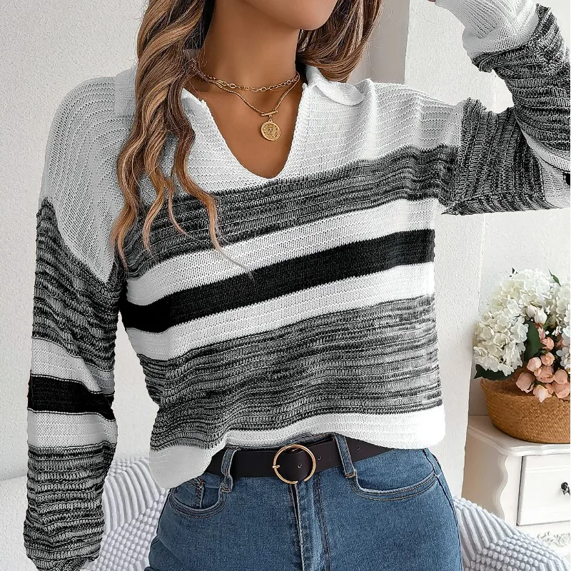 

Женский пуловер-поло в контрастную полоску, повседневный вязаный свитер свободного покроя в клетку с длинным рукавом, топы для осени и зимы