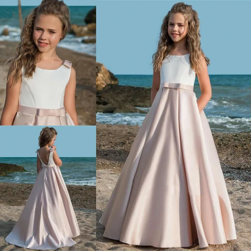 

Satin Flower Girls Dresses With Bow Sash First Communion Dress For Little Kids Party Birthday Dress Toddlers Formal Pageant Gown