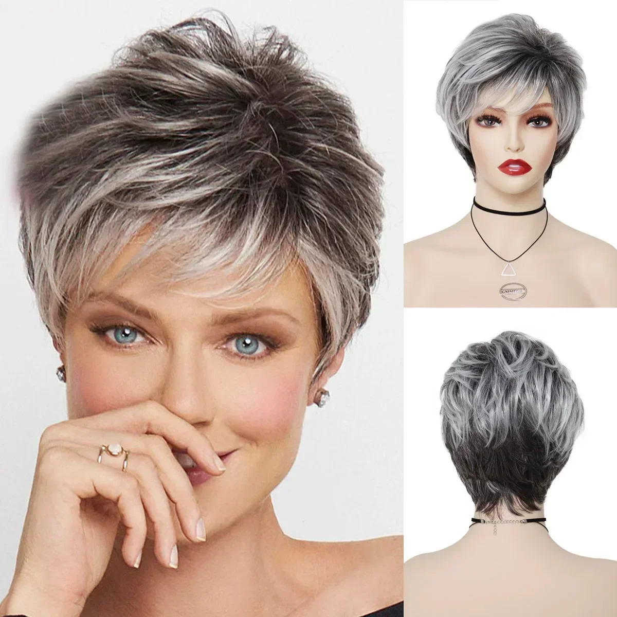 Синтетические смешанные темно-серые волосы Парик старой леди Парики с стрижкой
