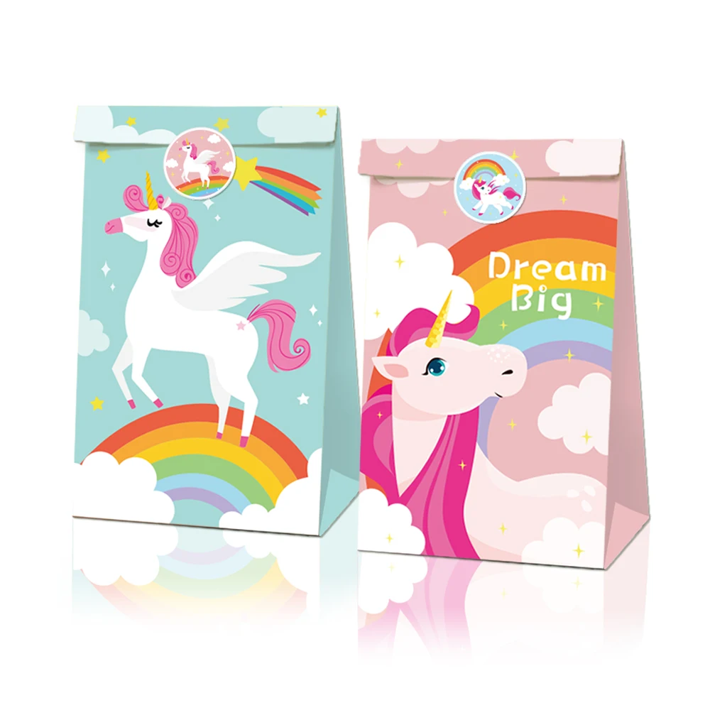 

LB024 12pcs Girl Cartoon Unicorn Dreamy Rainbow Birthday Party Gift Bags with Stickers Cookies Food Decorating Kraft Paper Bags