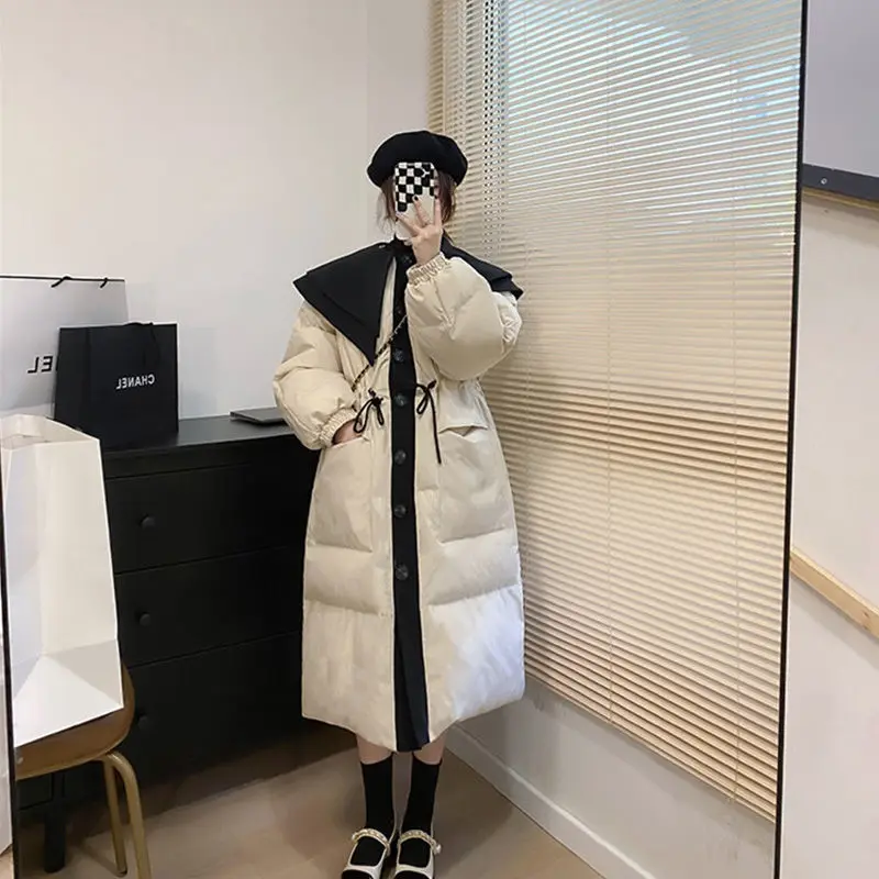 2023 New Women Winter Korean Vintage White Duck Down Jacket Fashion Casual Female Warm Solid Loose Long Sleeve Coats Tops C69