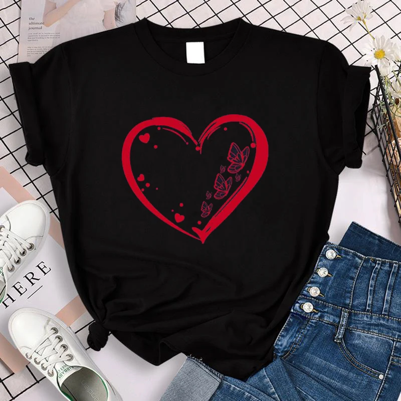 

Butterfly Love Heart Printing Womens T Shirt 2022 New Black Female Ladies T Shirt Casual Cute Graphic Tees Fashion T-shirt Tops