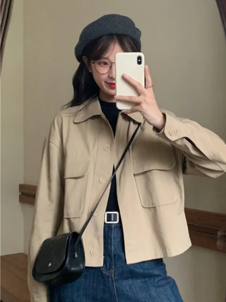 

Женская Повседневная куртка-карго Y2k, уличная одежда в Корейском стиле, свободные однотонные Топы с длинным рукавом и отложным воротником