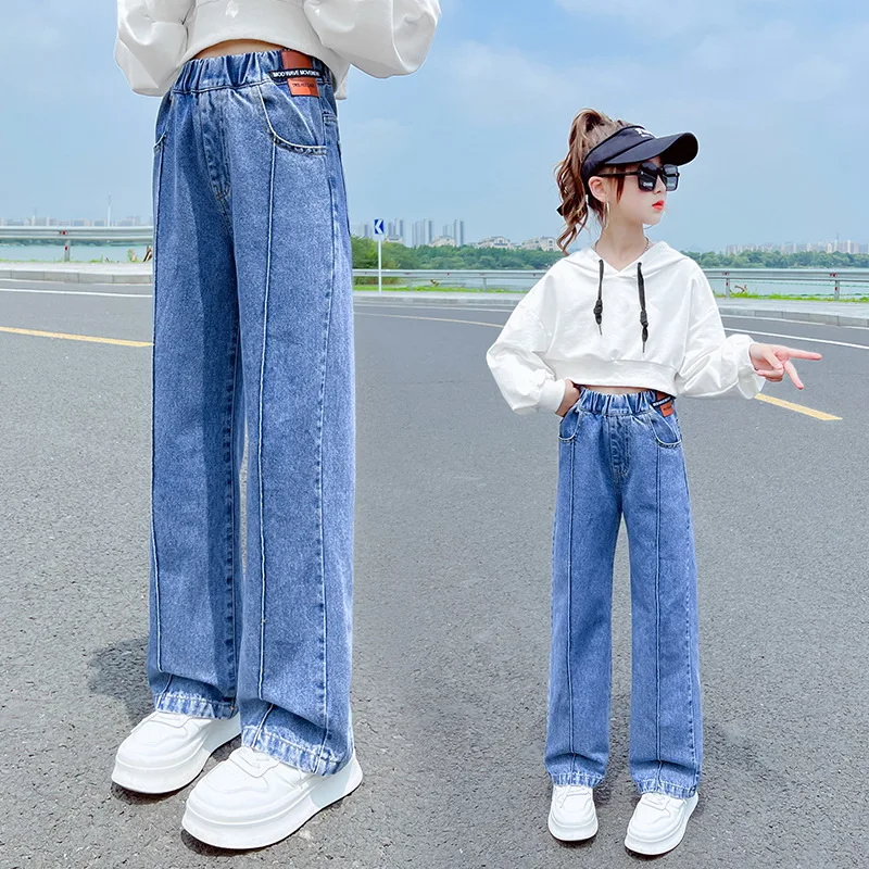 

Jeans For Girls Solid Color Jeans Kids Girl Spring Autumn Trousers For Children's Casual Style Clothes Teen Denim Wide Leg Pants
