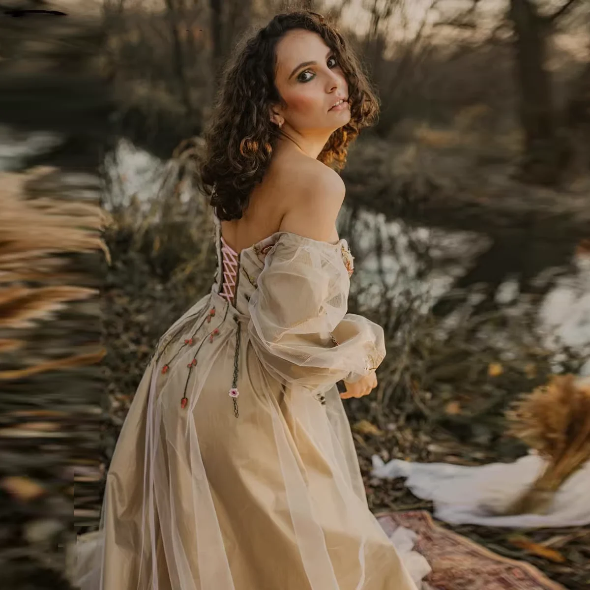 Платье невесты цвета шампанского в стиле бохо женские платья с длинным рукавом