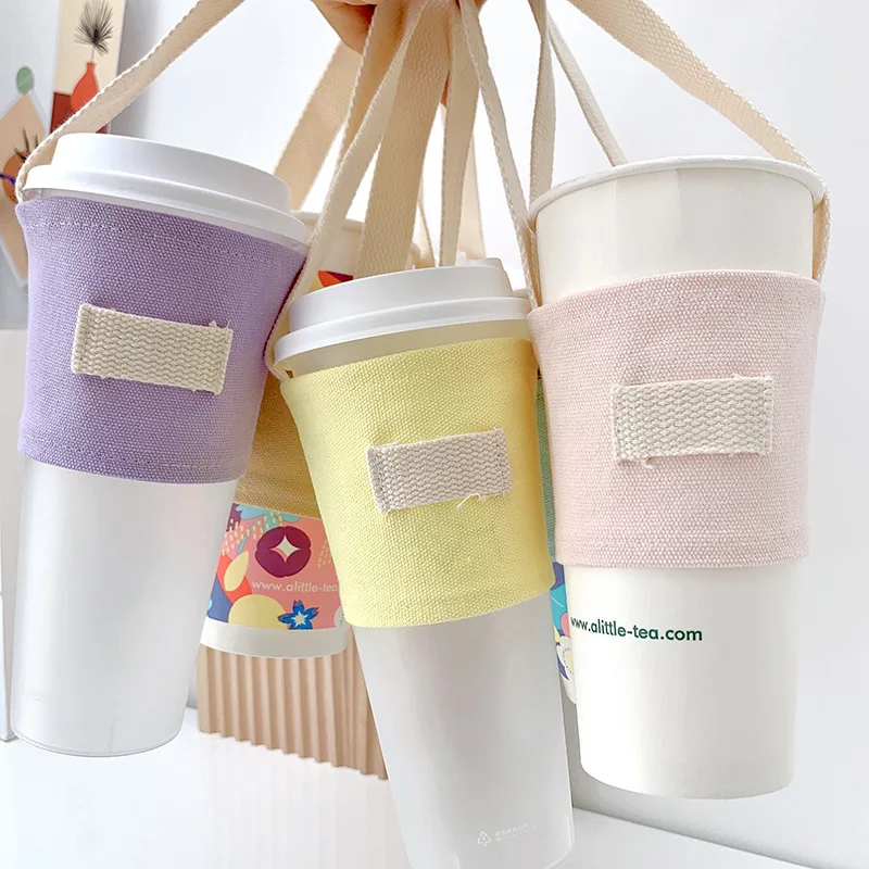 

Portable Cup Cover Insulated Milk Tea Coffee Beverage Simple Candy Cup Protector Ribbon Rope Hand-Held Canvas Water Bottle Bag