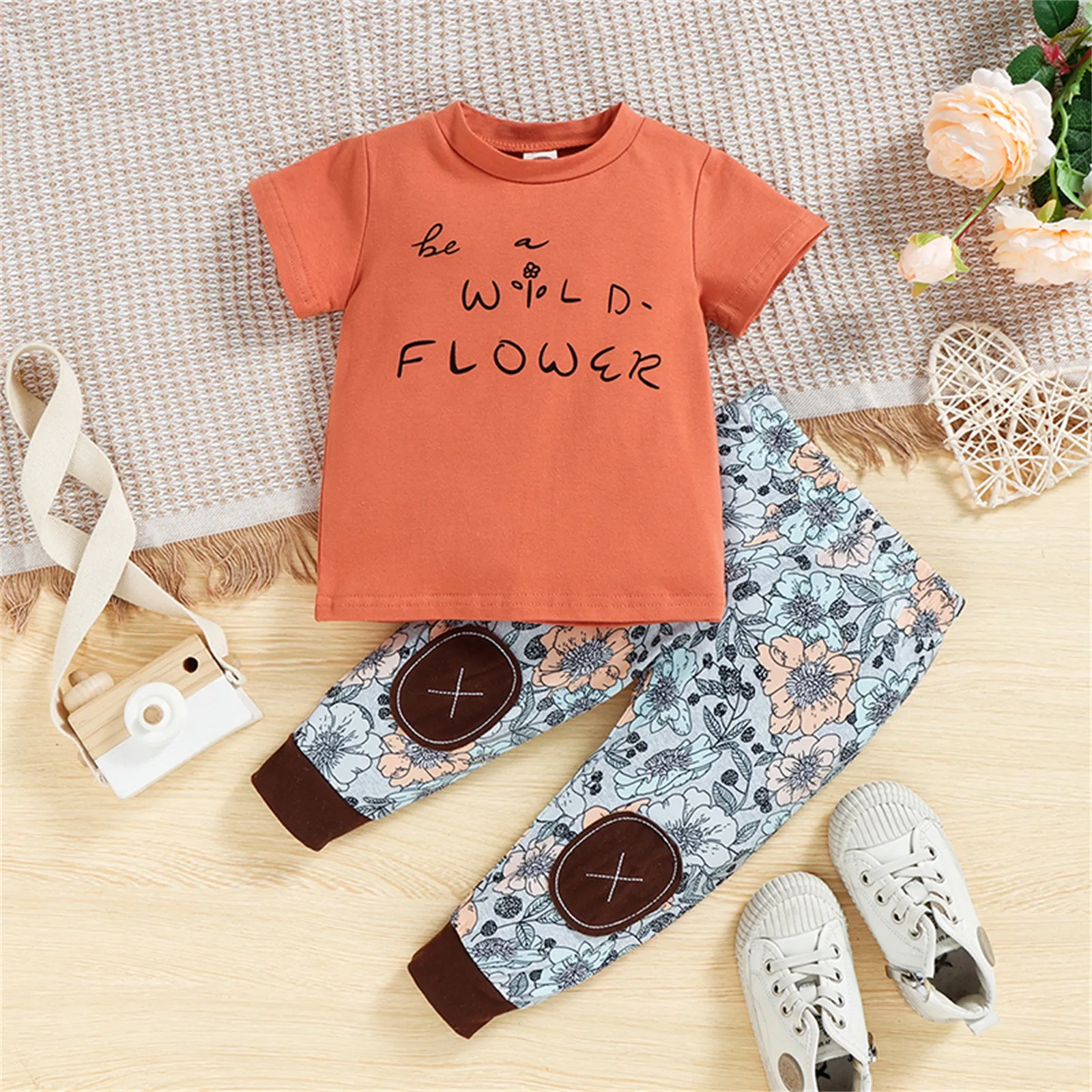 

Newborn Infants Baby Boys Girls Clothes Letter Short Sleeve T Shirt Tops Floral Pants Summer Sleeper Set 5 Piece Gift Set