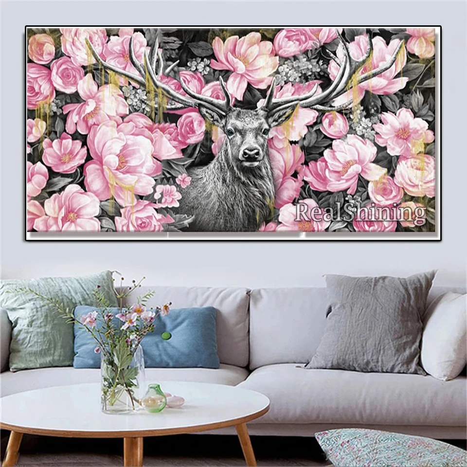 

5D DIY Diamond Painting New 2023 Elk in Pink Flowers Large Diamond Embroidery Mosaic Rhinestone Of Pictures Wildlife Decor A418