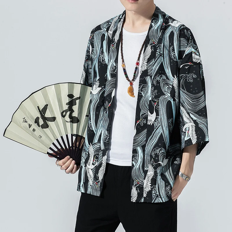 Crane Embroidery Haori Kimono Harajuku Japanese Style Plus Size Men Samurai Costume Yukata Asian Clothes Cardigan Women Jacket images - 6