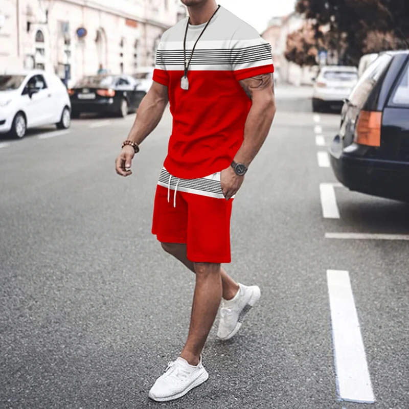 Men Tracksuit Summer Stripe Series Short Sleeve T Shirt Suit Sportswear Jogging 3D Printed Trend Casual Clothes 2 Piece Set