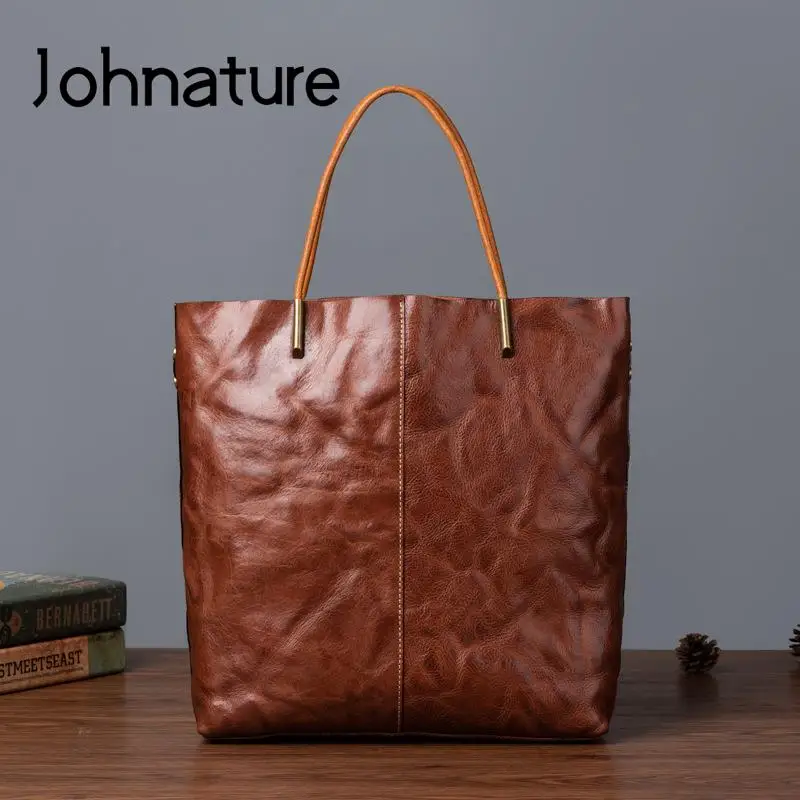 

Johnature Versatile Simple Genuine Leather Women Bag 2022 New Vintage Handbag Natural Cowhide Solid Color Shoulder Bags