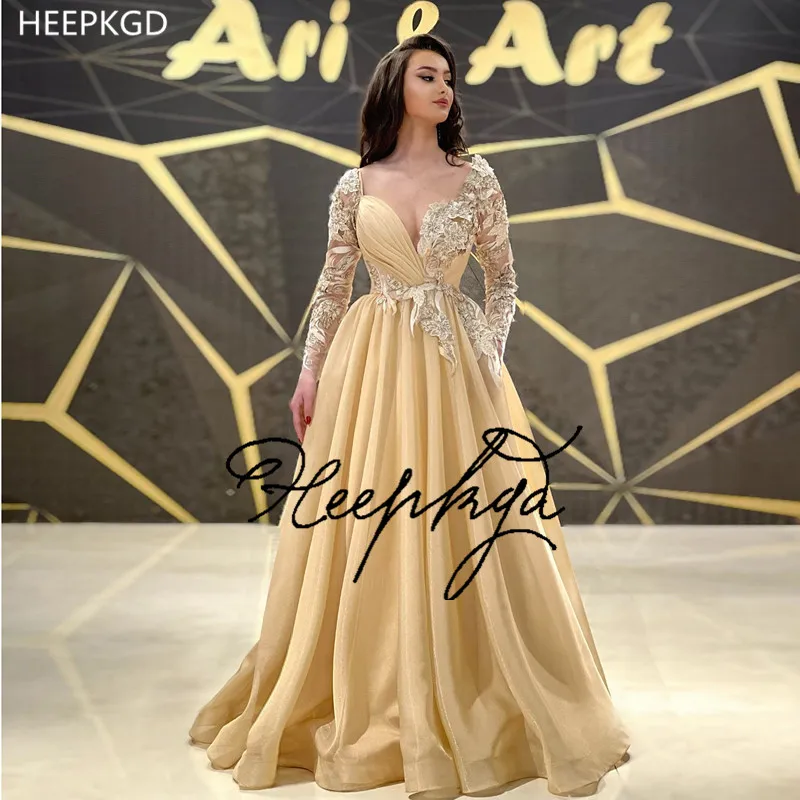 

Charming Long Sleeves Formal Evening Dress With Beads Appliques Sweetheart A Line Organza Brithday Party Prom Gowns Custom Made