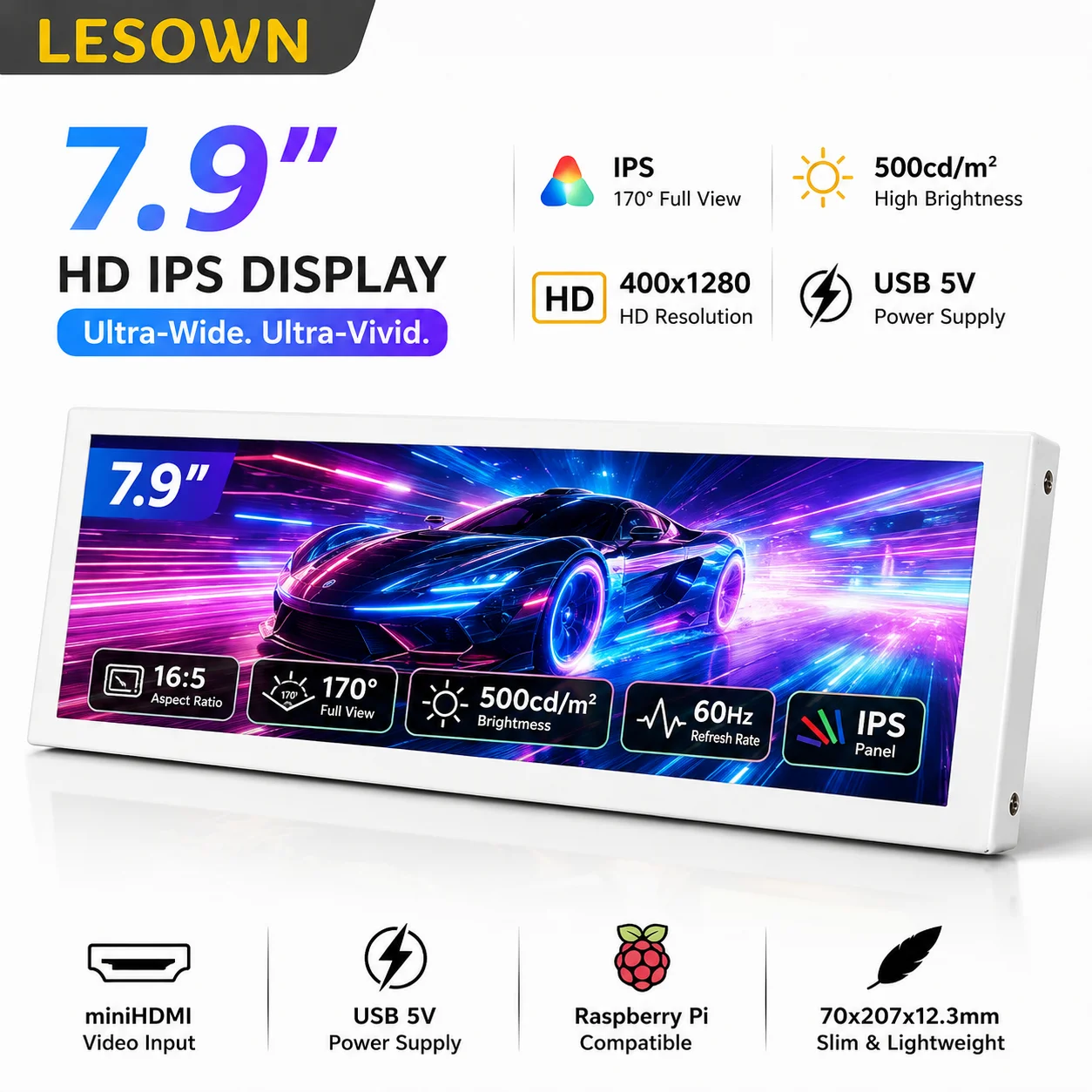 Фото Экран LESOWN Screen Zero Setup белый 7,9 дюйма для Raspberry Pi DIY, miniHDTV 400x1280 60 Гц №1