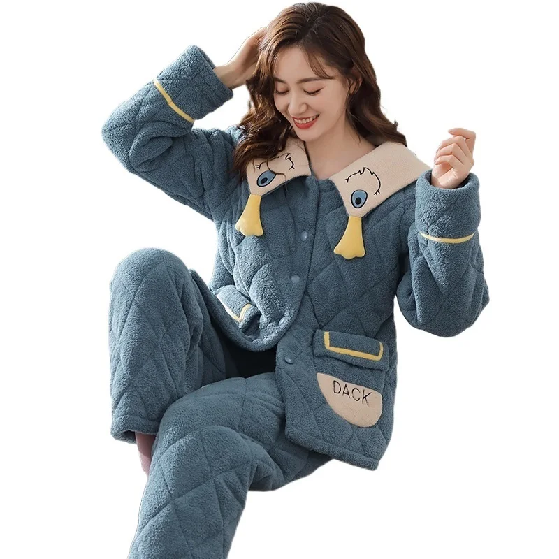 

New Women's Winter Warm Three-layer Thick Sandwich Cotton Home Service Suit Long-sleeved Minimalist Women's Flannel Winter