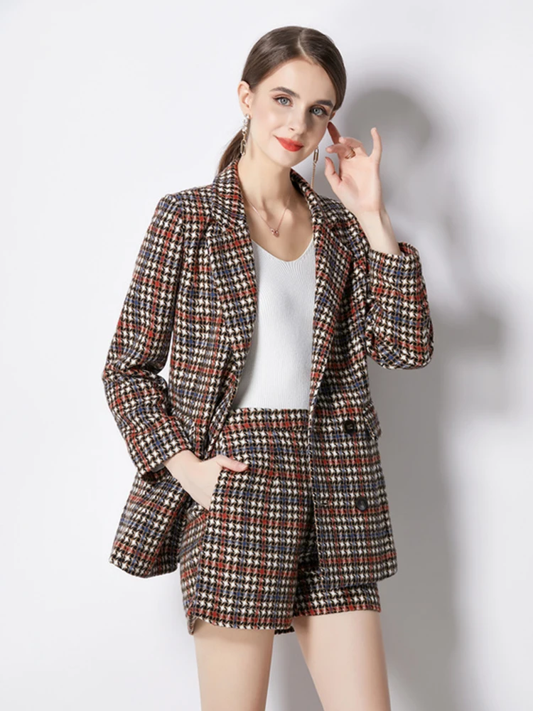 

Autumn Winter Vintage Plaid Tweed 2 Piece Set Women's Long Sleeve Woolen Blends Blazer Jacket Coat + Pocket Shorts Pant Suit